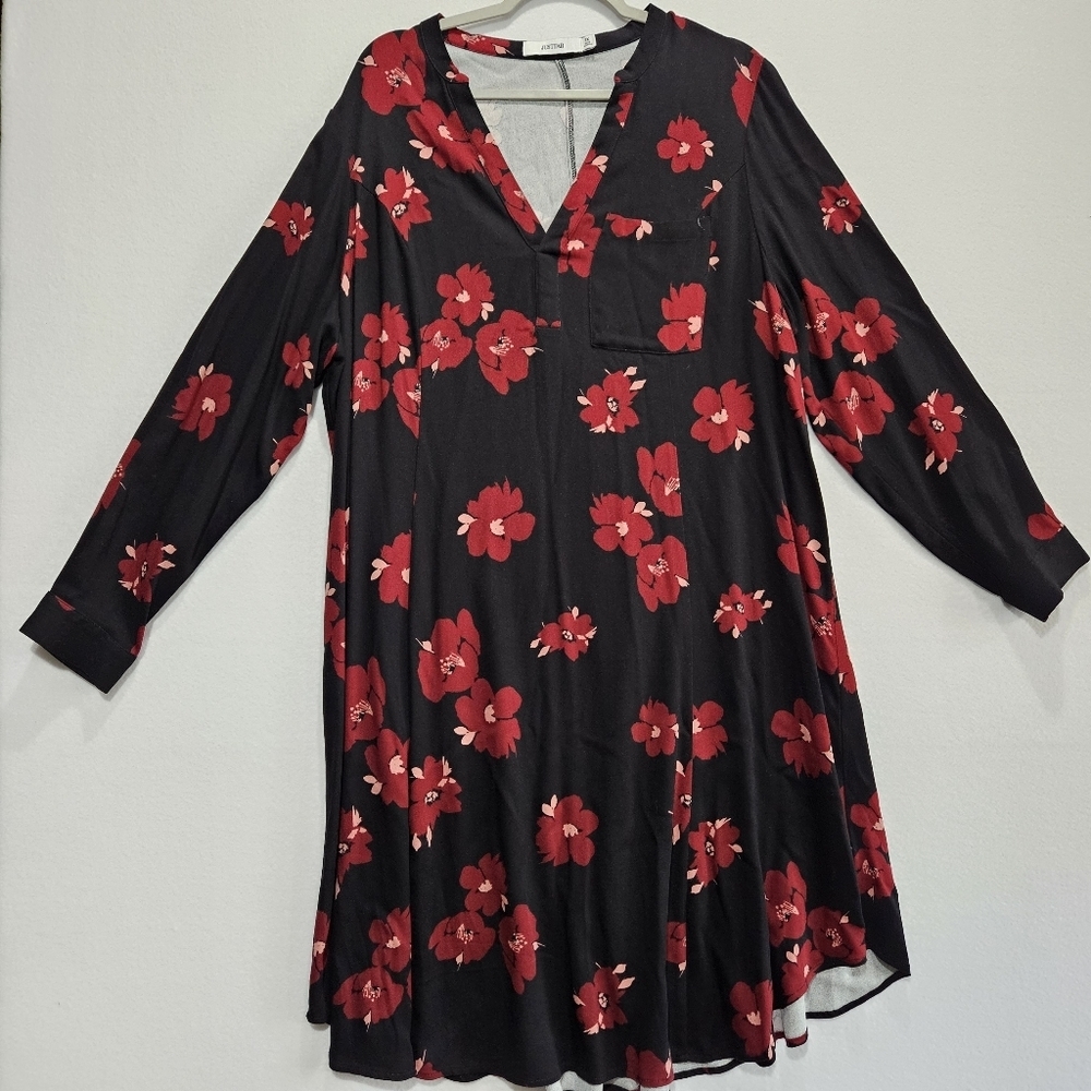 JustFab Long Sleeve Black Maroon Floral A Line Dress Size XL